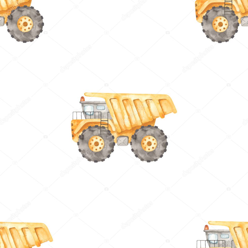 Construction vehicles dump trucks on a white background. Watercolor seamless pattern