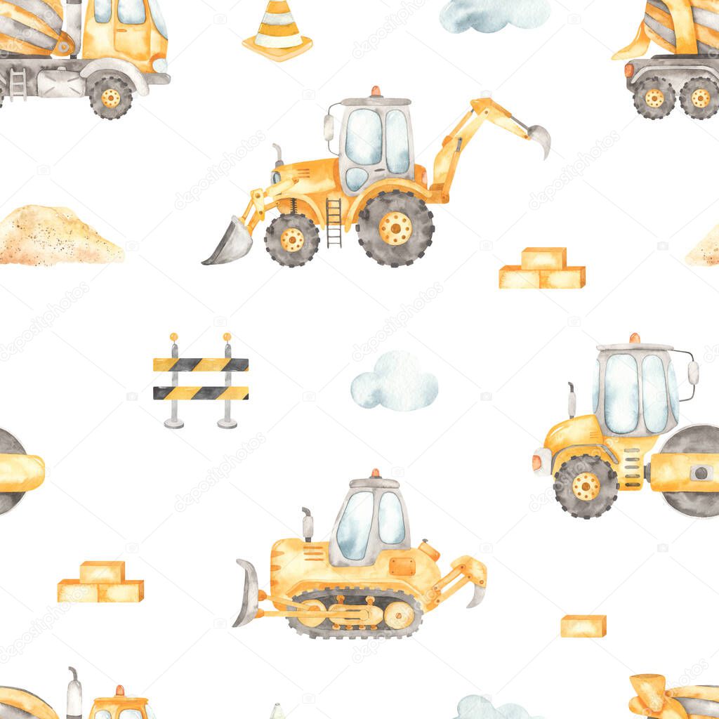 Construction vehicles, concrete truck, bulldozer, road roller, tractor on a white background. Watercolor seamless pattern
