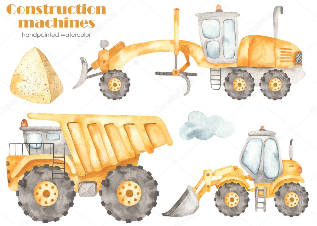 Watercolor clipart with construction machines dump truck, motor grader, wheel loader, pile of earth, cloud