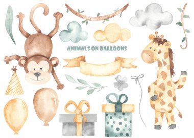 Şirin maymun, zürafa ve doğum günü öğeleri. Balonlar, bulutlar, hediyeler, kurdele, yapraklar, lianalar. Suluboya Clipart