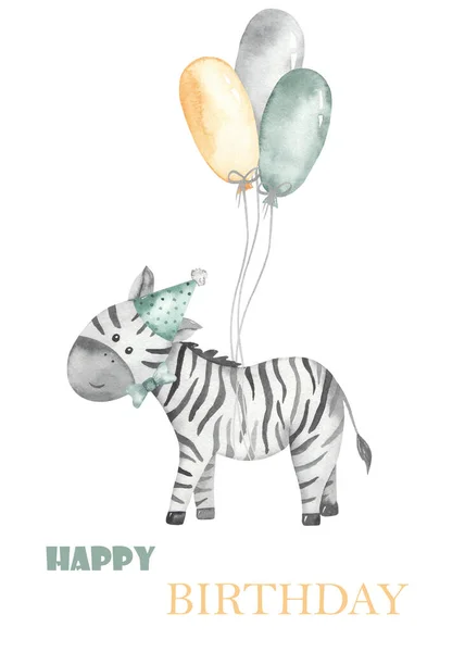 Joli Zèbre Sur Ballons Joyeux Anniversaire Carte Aquarelle Illustration Dessinée — Photo