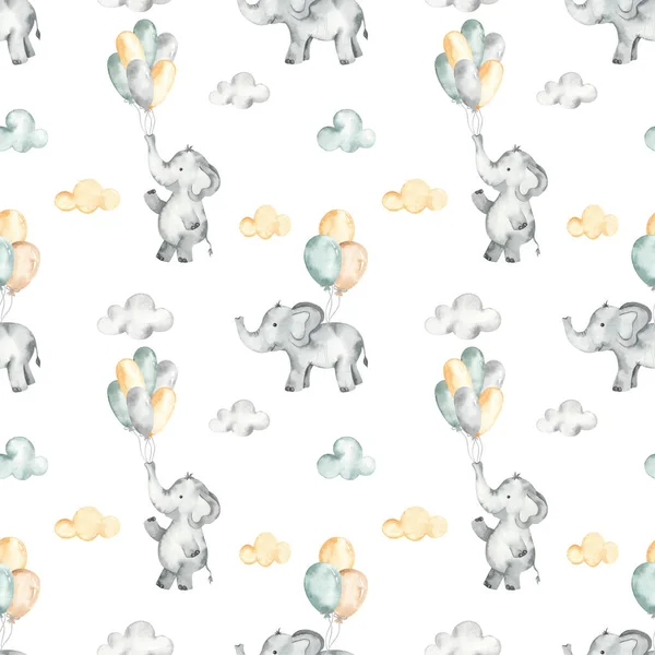 Милі Слони Повітряних Кулях Хмарах Білому Тлі Акварельний Безшовний Візерунок — стокове фото