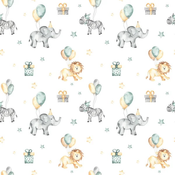かわいい象 ゼブラ 星のついた風船のライオン 白い背景の贈り物 幸せな誕生日水彩シームレスパターン — ストック写真