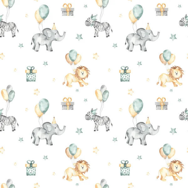 Cute elephant, zebra, lion on balloons with stars, gifts on white background. Happy birthday watercolor seamless pattern