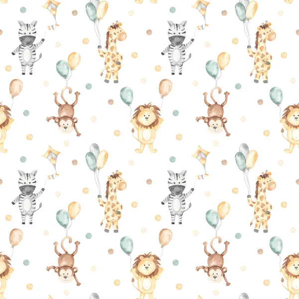 Lion, zebra, giraffe, monkey on balloons on white background. Watercolor seamless pattern