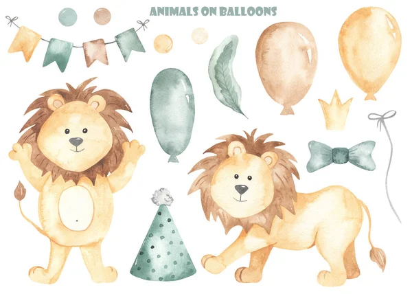 Leão Bonito Balões Coroa Boné Laço Folha Bandeiras Clipart Desenhado — Fotografia de Stock