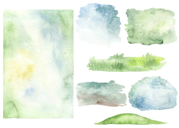 Sfondi Primavera Pasqua Blu Verde Clipart Acquerello Illustrazione Disegnata Mano — Foto Stock