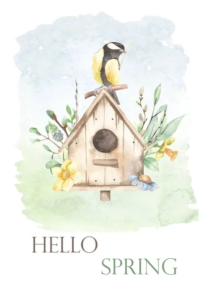 Birdhouse Titmouse Willows Flowers Spring Greens Leaves Hello Spring Watercolor — Stock Photo, Image