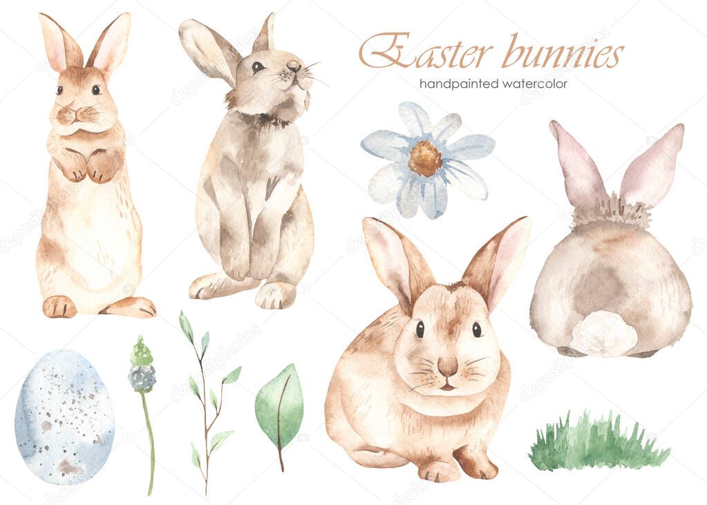 Easter bunnies, quail egg, flower, spring leaves. Watercolor clipart. Hand drawn illustration