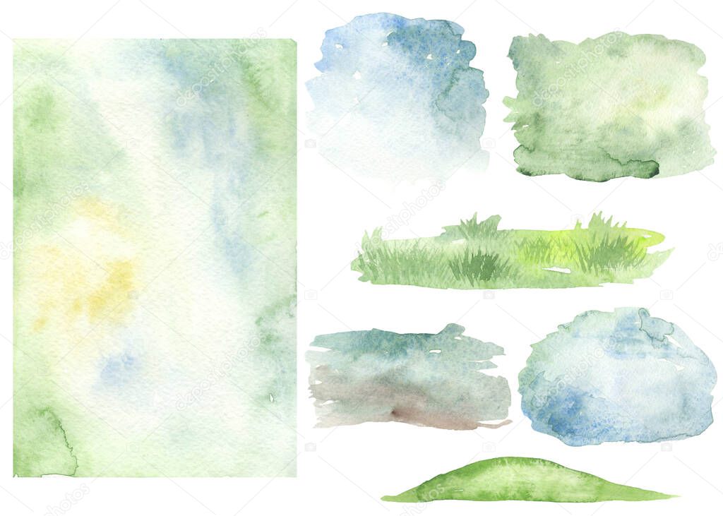 Easter spring backgrounds, blue, green. Watercolor clipart. Hand drawn illustration