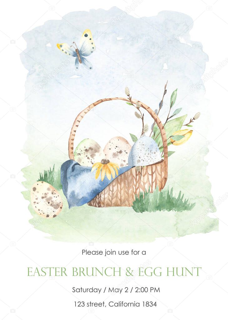 Basket of easter eggs, willows, spring foliage, butterfly, easter brunch, egg hunter. Watercolor card