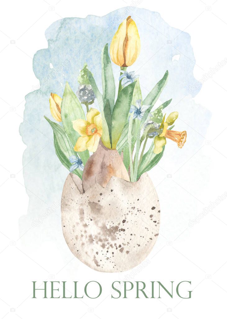 Spring flowers, tulips, hyacinths, daffodils, leaves in eggshell. Hello spring watercolor card