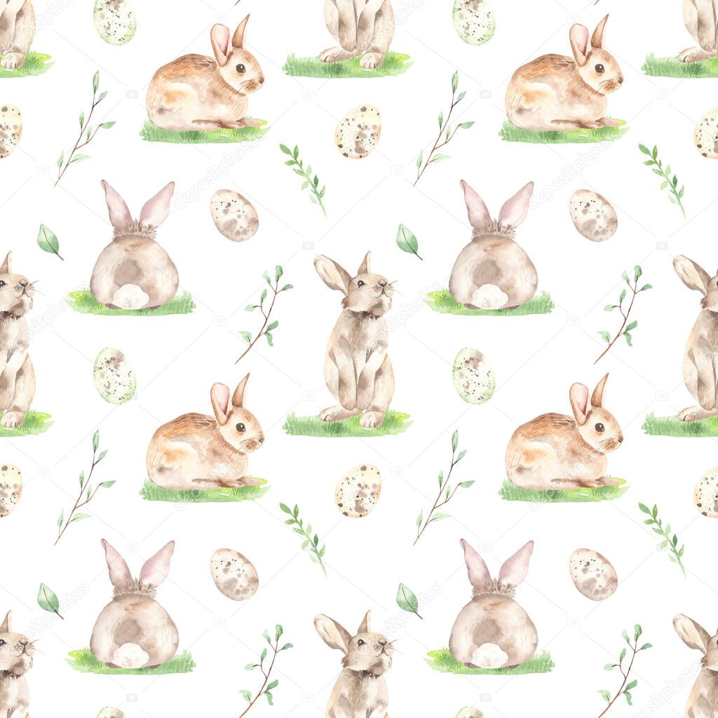 Easter bunnies, Easter eggs, branches, spring greens, leaves on a white background. Watercolor seamless pattern