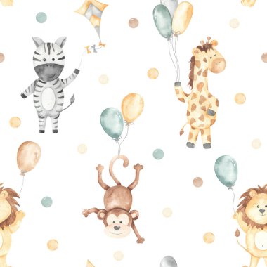 Aslan, zebra, zürafa, balonda beyaz arka plan maymunu. Suluboya kusursuz desen