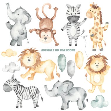 Hayvanlar ve balonlar. Tatlı aslan, zebra, fil, maymun, zürafa, balonlar, bulutlar. Suluboya Clipart