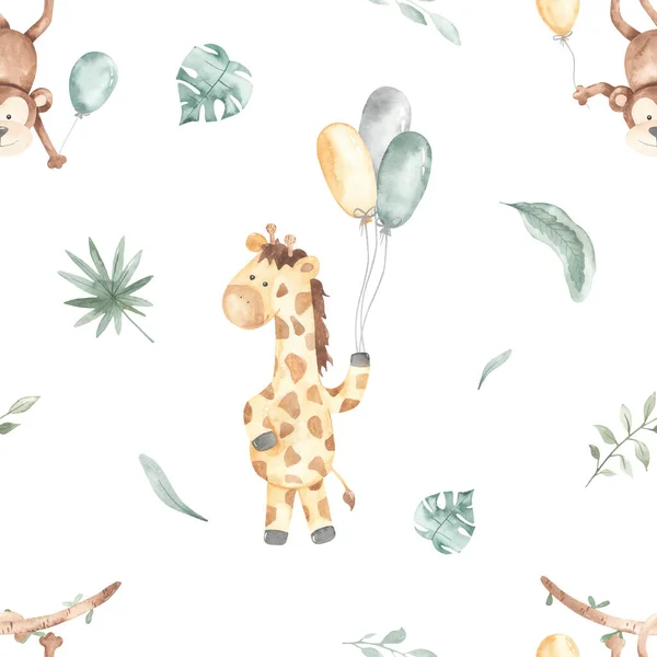 Cute Monkey Giraffe Balloons Tropical Leaves White Background Watercolor Seamless — Stock Photo, Image