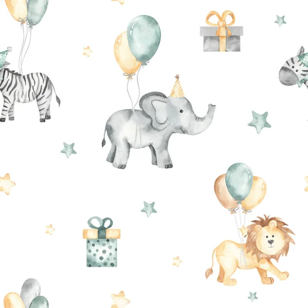 Cute elephant, zebra, lion on balloons with stars, gifts on white background. Happy birthday watercolor seamless pattern