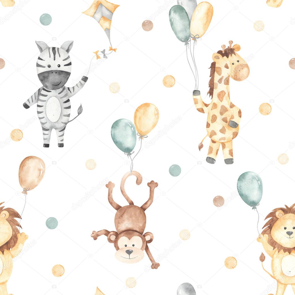 Lion, zebra, giraffe, monkey on balloons on white background. Watercolor seamless pattern