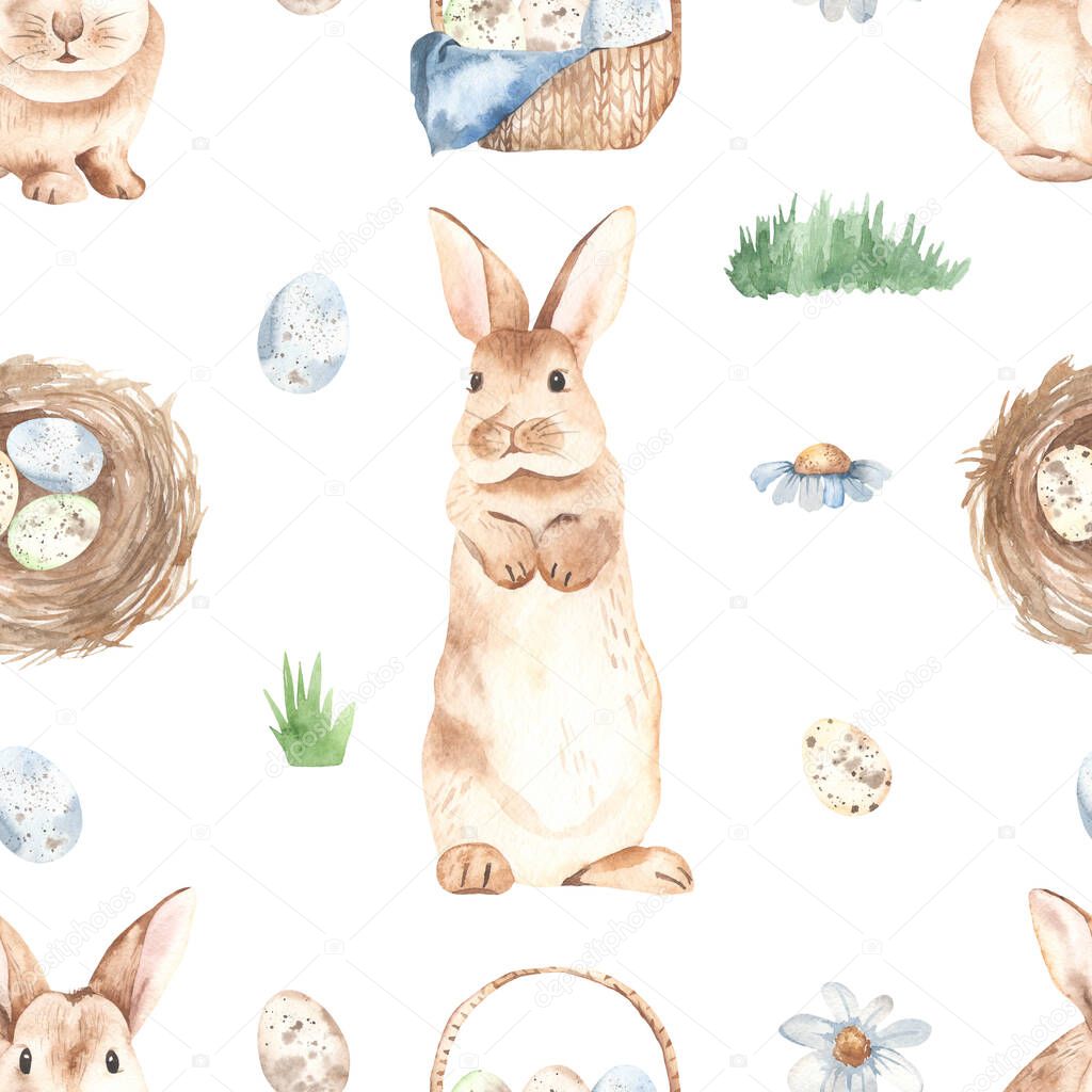 Cute easter bunnies, basket of eggs, nest with eggs, grass, flowers on a white background. Watercolor seamless pattern