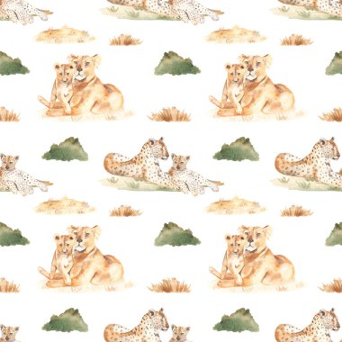 Beyaz arka planda kuru çimleri olan Afrika savanı. Suluboya desensiz anne, yavru aslanlar ve leoparlar.