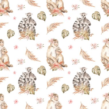 Lemurlar, maymunlar ve beyaz arka planda kurutulmuş çiçek buketleri. Suluboya kusursuz desenli anne ve bebek