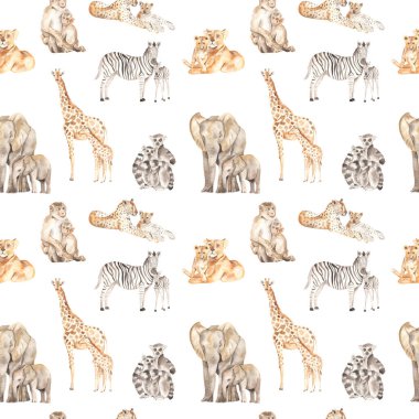 Aslanlar, leoparlar, filler, zürafalar, zebralar, lemurlar, beyaz arka planda maymunlar. Suluboya kusursuz desenli anne ve bebek