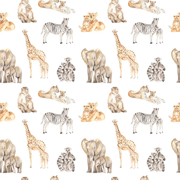 Lions, leopards, elephants, giraffes, zebras, lemurs, monkeys on a white background. Watercolor seamless pattern mom and baby
