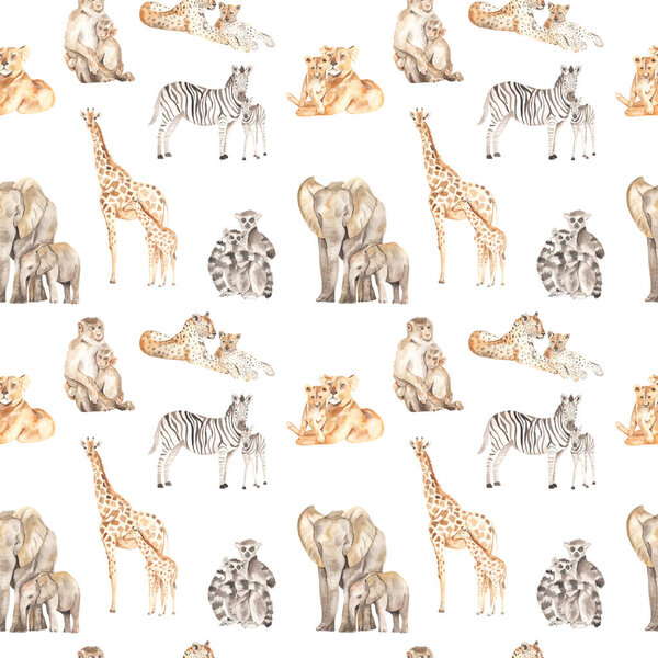 Львы, леопарды, слоны, жирафы, зебры, лемуры, обезьяны на белом фоне. Акварель бесшовный узор мама и ребенок