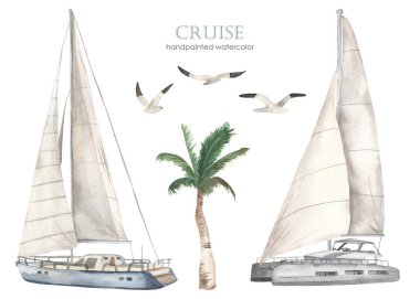 Yat, katamaran, palmiye ağacı, martılar. Suluboya deniz gezisi seti. El çizimi Clipart