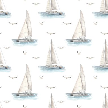 Yat, denizde katamaran ve beyaz arka planda martılar. Suluboya desensiz deniz yolculuğu