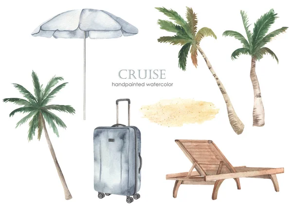 Reisekoffer Strandliegen Palmen Sonnenschirm Aquarell Set Von Kreuzfahrt Auf See — Stockfoto
