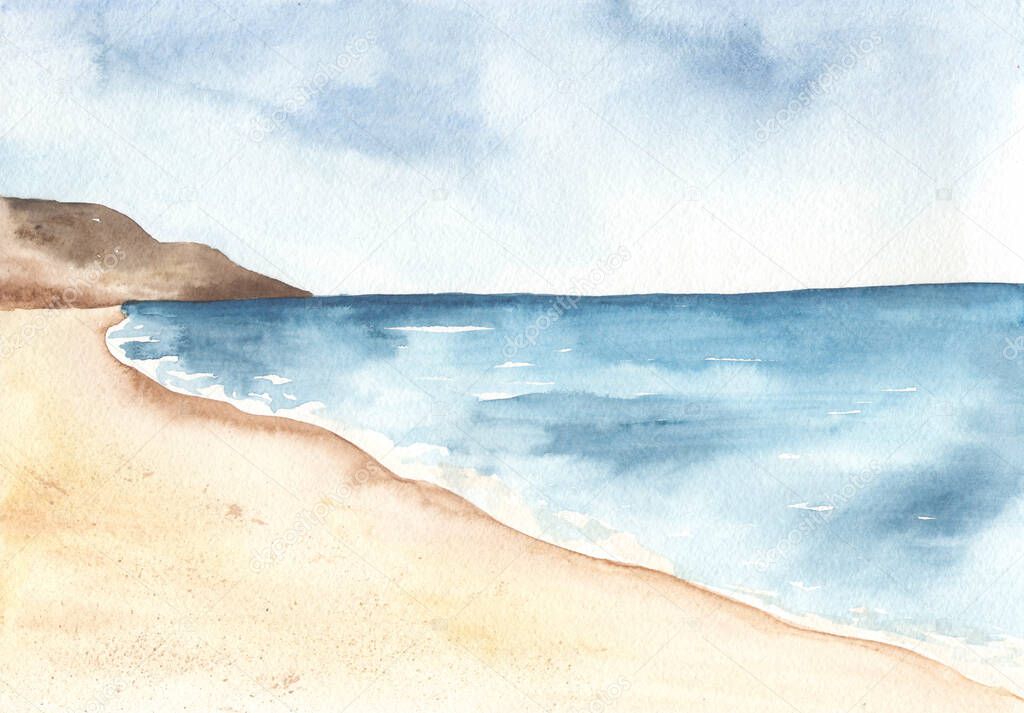 Seacape in watercolor. Beach by the sea with mountains on th horizon. Hand drawn background