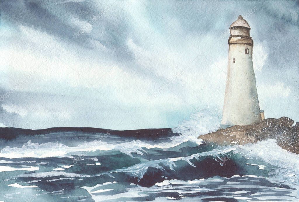 Seascape against the backdrop of a cloudy sky. Raging waves, rocky coast with a lighthouse. Watercolor background
