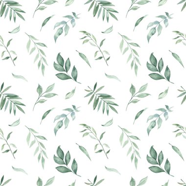 Yeşillik, palmiye yaprakları, dallar, beyaz bir arka plan. Suluboya kusursuz desen