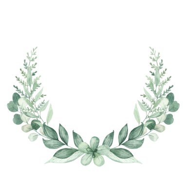 Yeşillik, yeşil yapraklar, yapraklar, dallar. Suluboya çelenk. El çizimi illüstrasyon