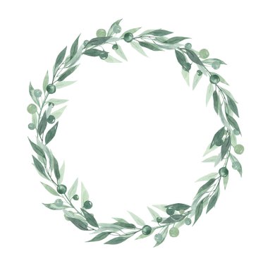 Yeşiller, dallar, yapraklar. Suluboya çelenk. Düğün için el çizimi çizimi