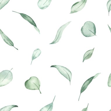 Yeşiller, yapraklar, beyaz arka planda yeşillikler. Suluboya kusursuz desen