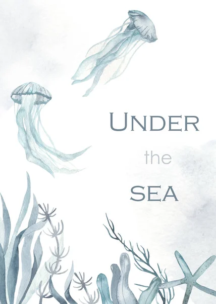 Watercolor Card Deep Ocean Seabed Jellyfish Algae Coral Sea Star — Stock Photo, Image