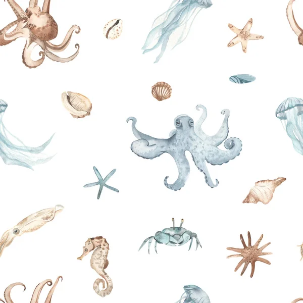 Watercolor seamless pattern with sea reptiles, squid, octopus, crab, jellyfish, shells, sea stars