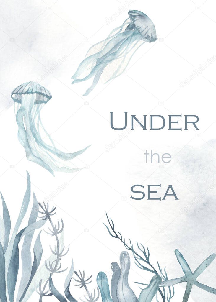Watercolor card with deep ocean, seabed, jellyfish, algae, coral, sea star, under the sea