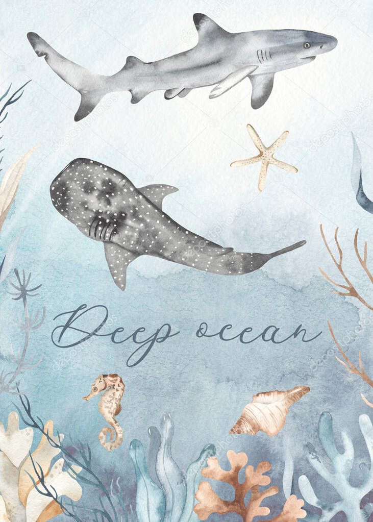 Watercolor card with deep ocean, seabed, sharks, seaweed, seashell, seahorse