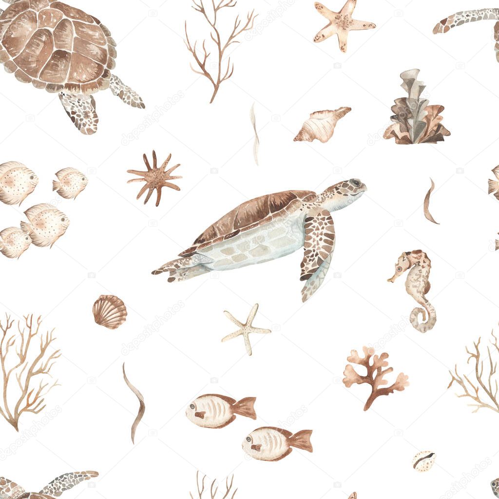 Watercolor seamless pattern with underwater brown world with sea turtles, seashells, fish, corals, sea stars, seashells