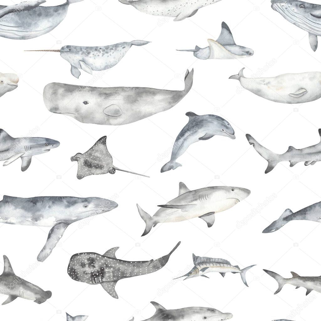 Watercolor seamless pattern with underwater fish whale, shark, dolphin, stingray, marlin, sperm whale