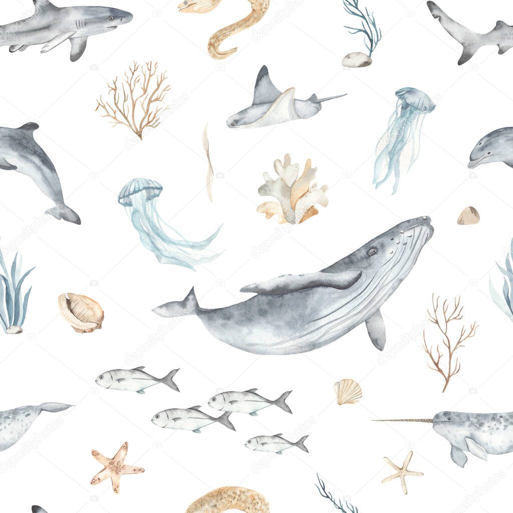 Watercolor seamless pattern with underwater world, fish, whale, shark, dolphin, starfish, jellyfish, algae, seashells