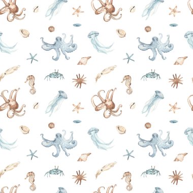 Deniz sürüngenleri, mürekkep balığı, ahtapot, yengeç, denizanası, deniz kabuğu ve beyaz arka planda deniz yıldızlarıyla suluboya deseni.
