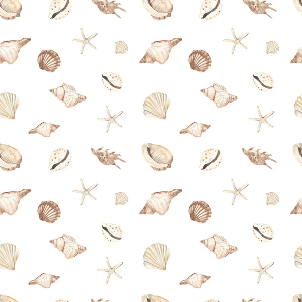 Watercolor seamless pattern with sea shells, starfish on a white background