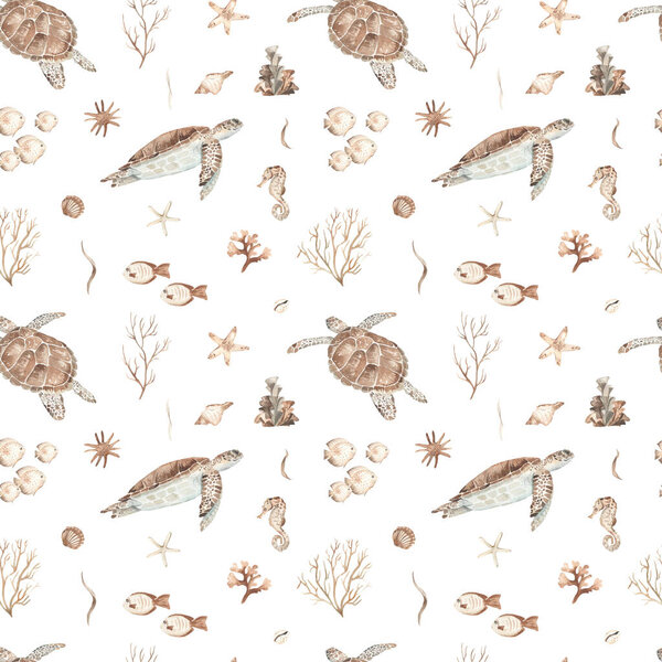 Акварель бесшовный узор с подводным коричневым миром с морскими черепахами, ракушками, рыбой, кораллами, морскими звездами, ракушками на белом фоне