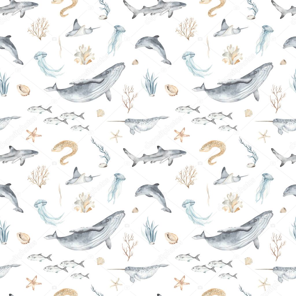 Watercolor seamless pattern with underwater world, fish, whale, shark, dolphin, starfish, jellyfish, algae, seashells on a white background