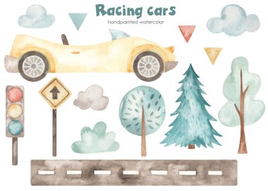 Yarış arabası, yol, ağaçlar, bulutlar, trafik ışığı, yol işareti. Suluboya çocuklar için.
