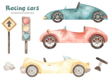Yarış arabaları, trafik ışıkları, işaretçi, direksiyon, evlat. Suluboya çocuk seti. El çizimi Clipart